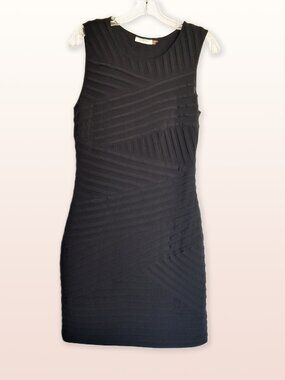 Calvin Klein Black Bandage Stretch Sheath Dress Diagonal Layered Pleats Size 8